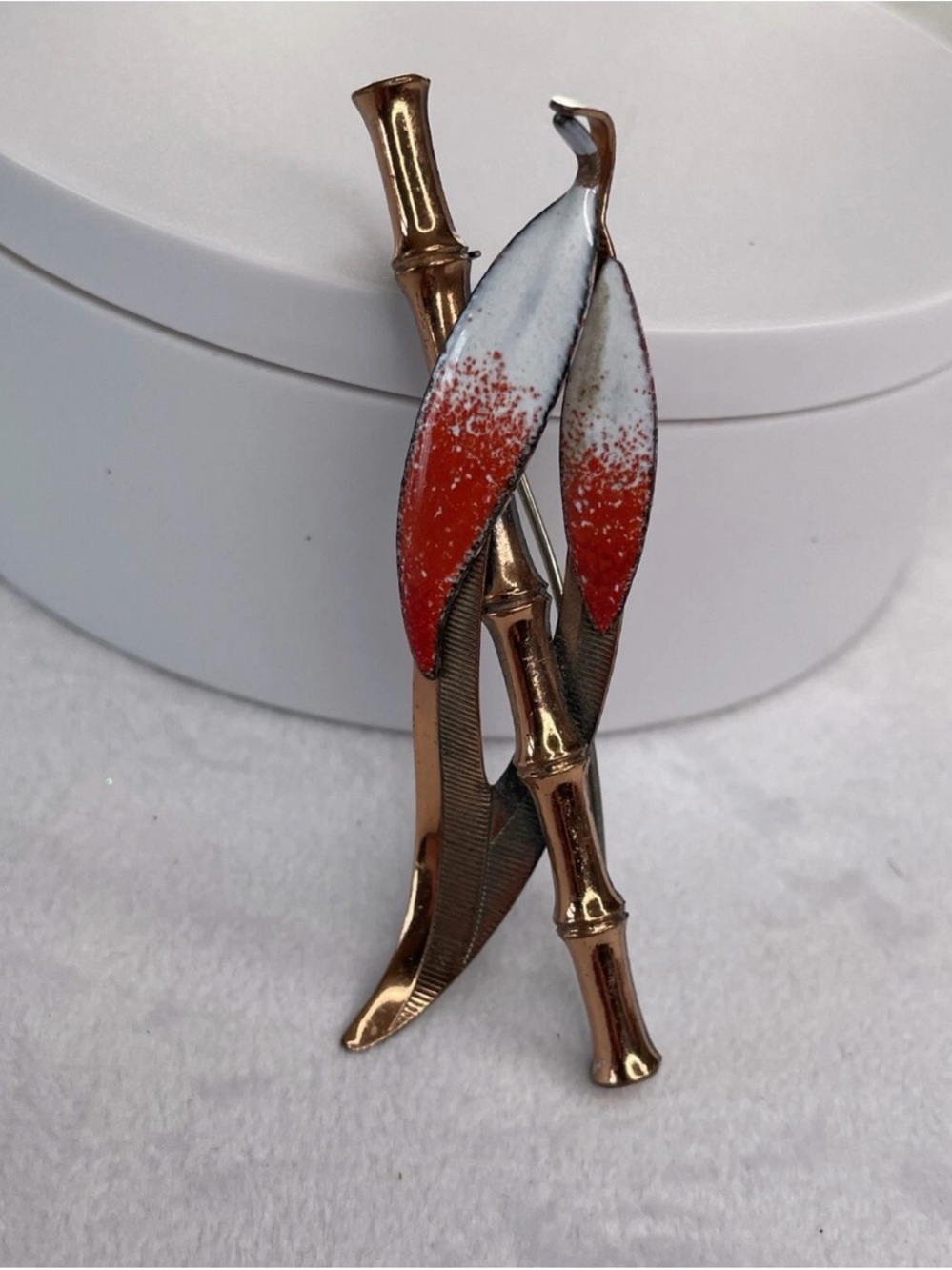 Vintage Matisse Renoir Copper Bamboo Leaf Brooch with Red and White Enamel Pin